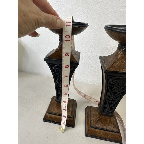 Set 2 Rustic Resin Dark Wood Pattern Pillar Candle Holders 11 Inch Ornate Metal - Picture 8 of 14